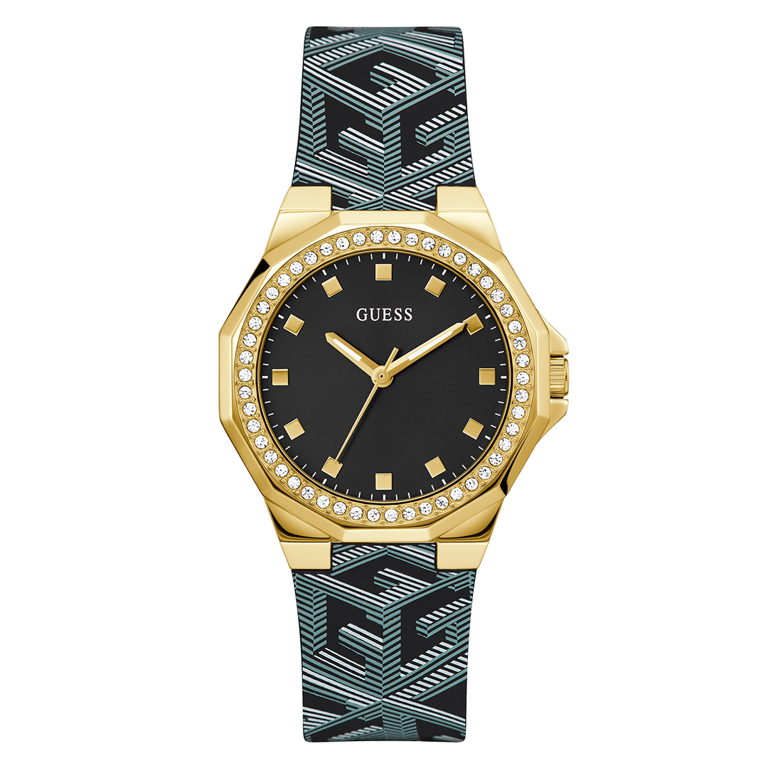 GUESS Ladies Black Gold Tone Analog Watch