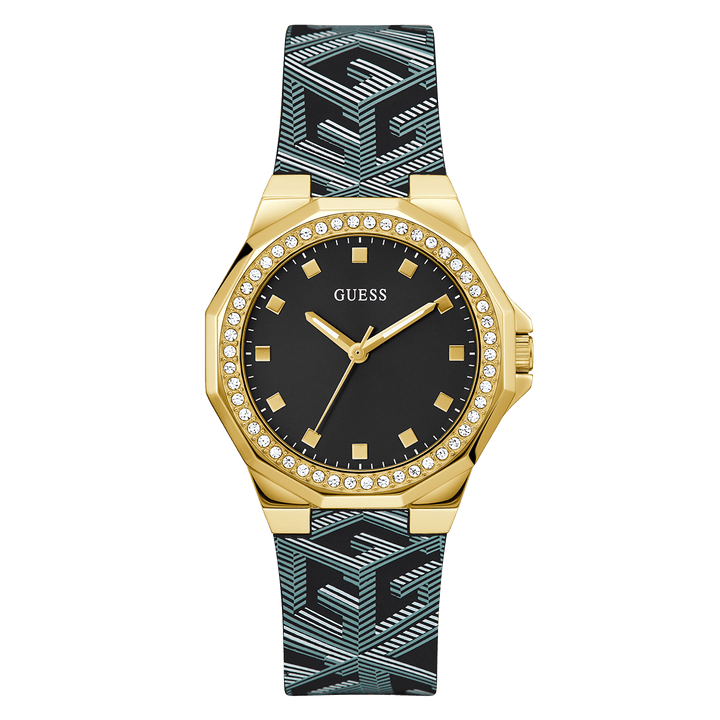 GUESS Ladies Black Gold Tone Analog Watch