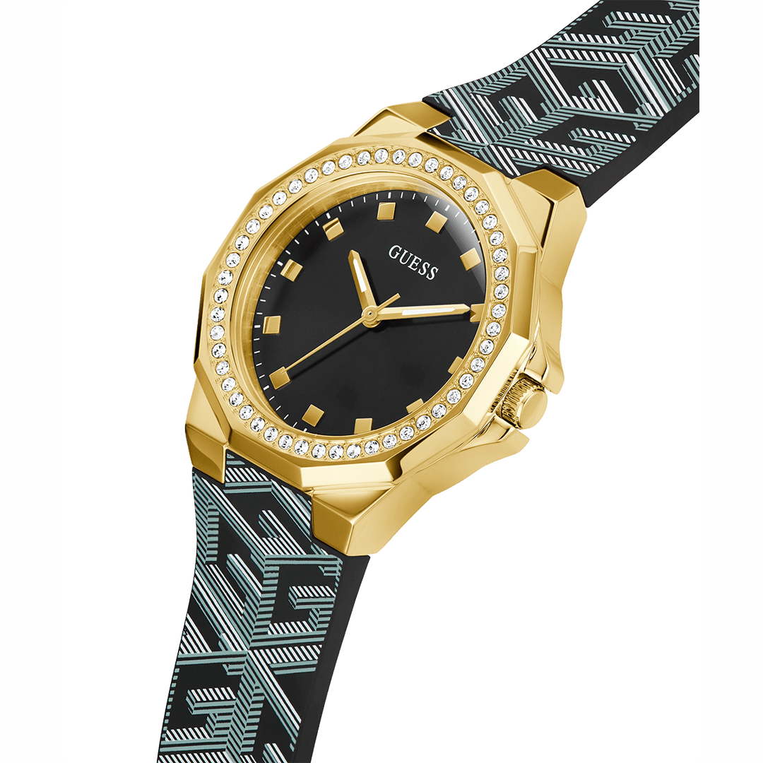 GUESS Ladies Black Gold Tone Analog Watch