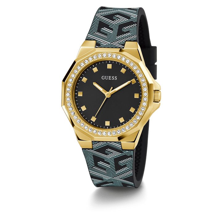 GUESS Ladies Black Gold Tone Analog Watch