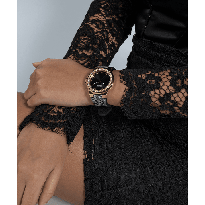 GUESS Ladies Black Gold Tone Analog Watch