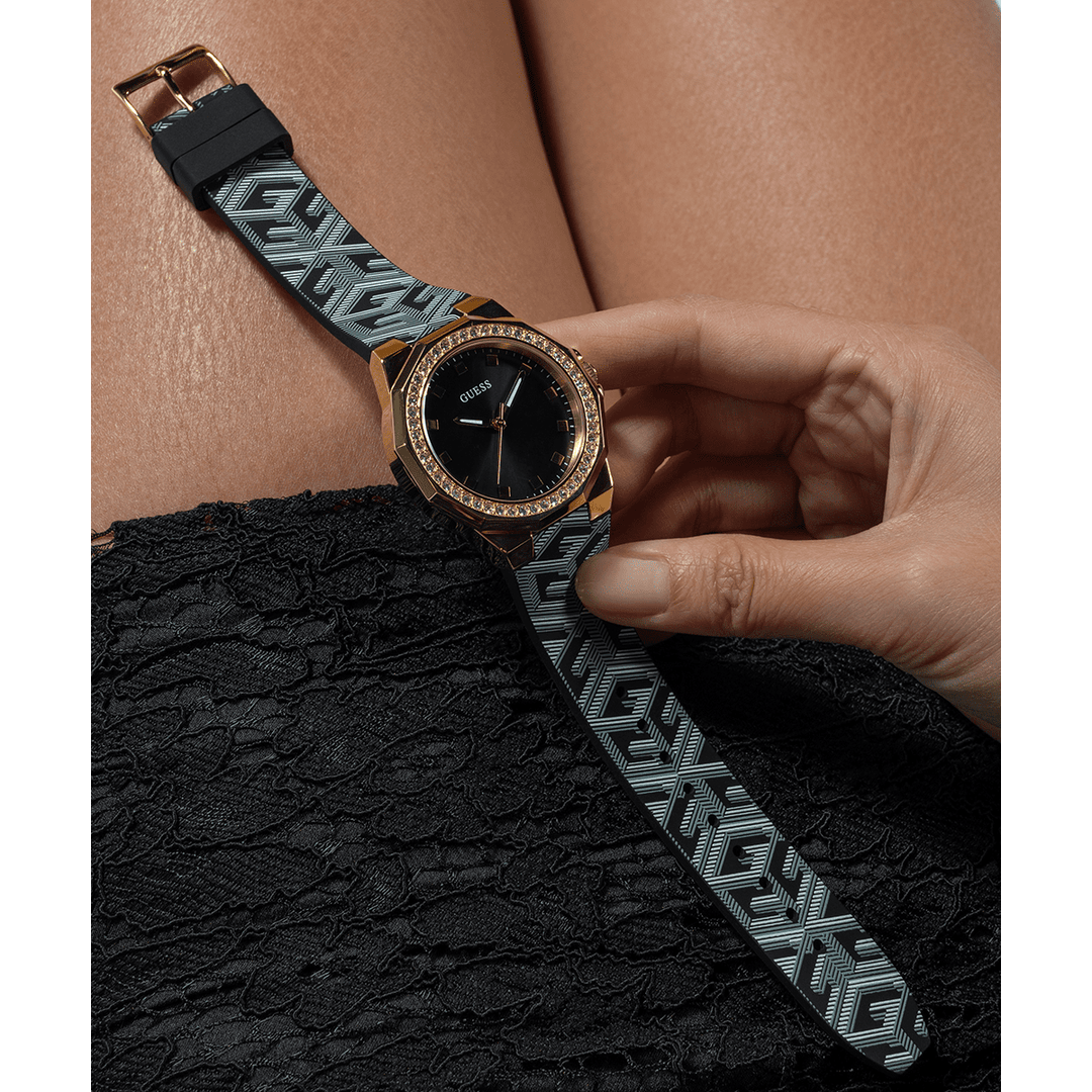 GUESS Ladies Black Gold Tone Analog Watch