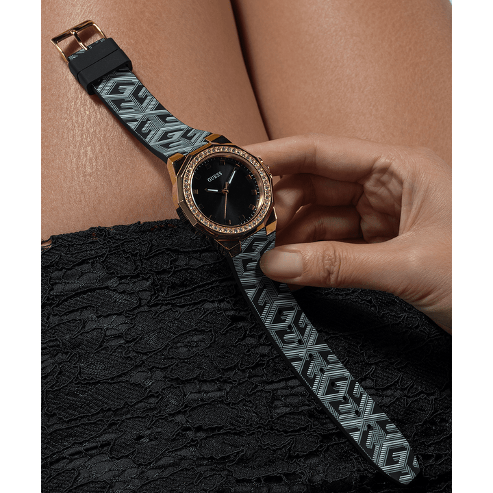 GUESS Ladies Black Gold Tone Analog Watch