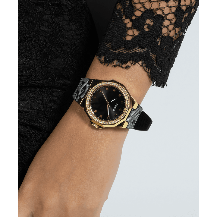 GUESS Ladies Black Gold Tone Analog Watch
