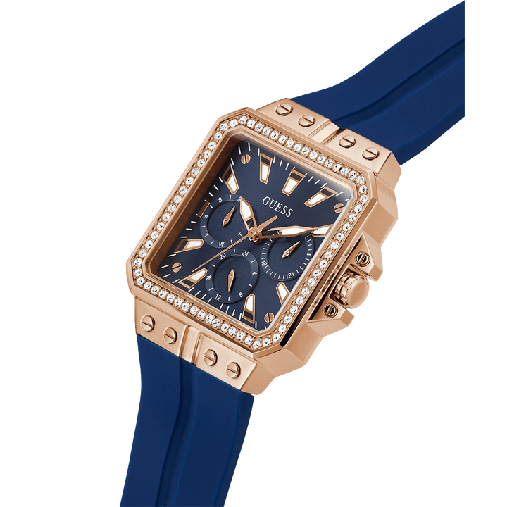 GUESS Ladies Blue Rose Gold Tone Multi-Function Watch