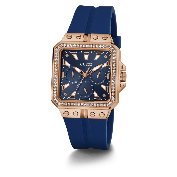 GUESS Ladies Blue Rose Gold Tone Multi-Function Watch