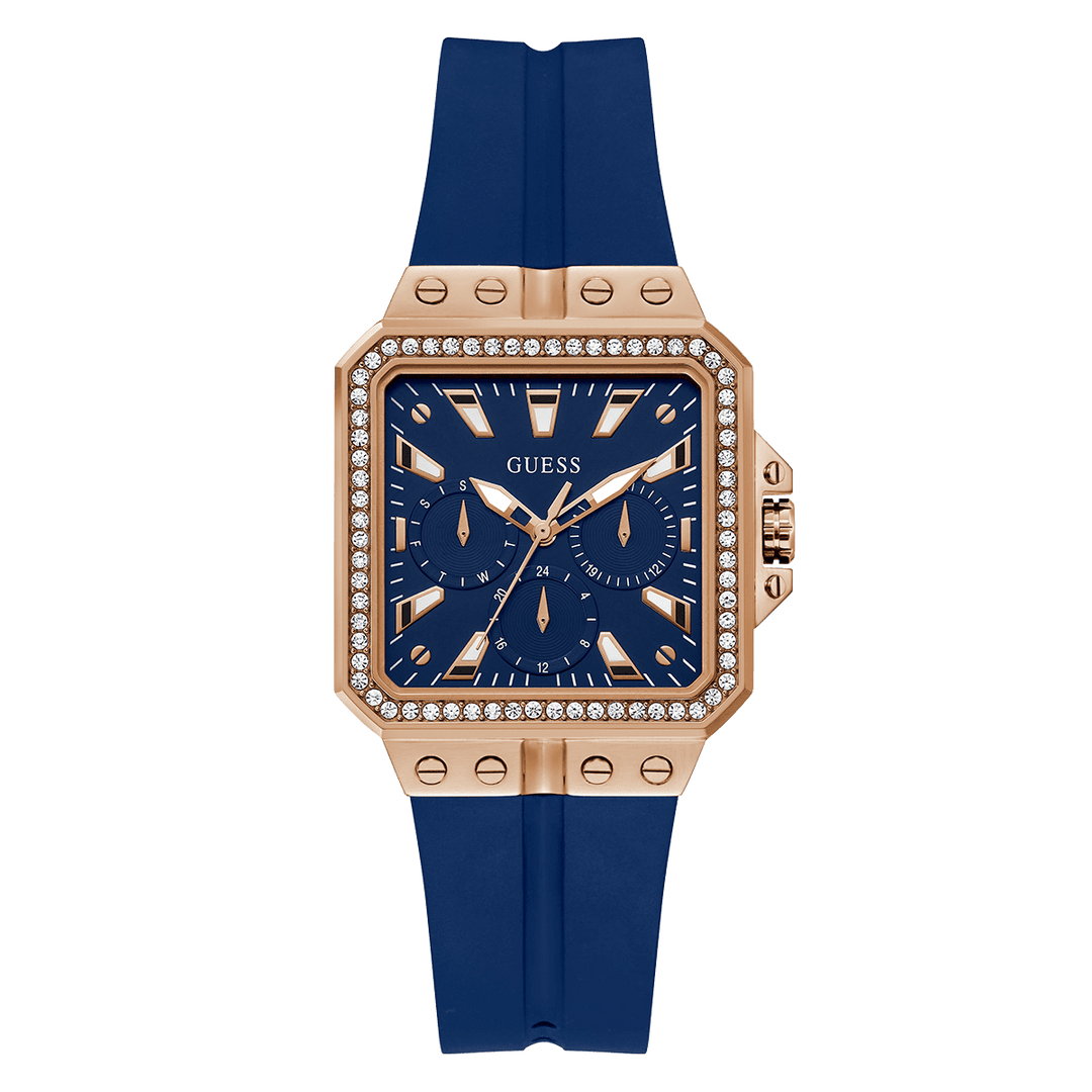 GUESS Ladies Blue Rose Gold Tone Multi-Function Watch