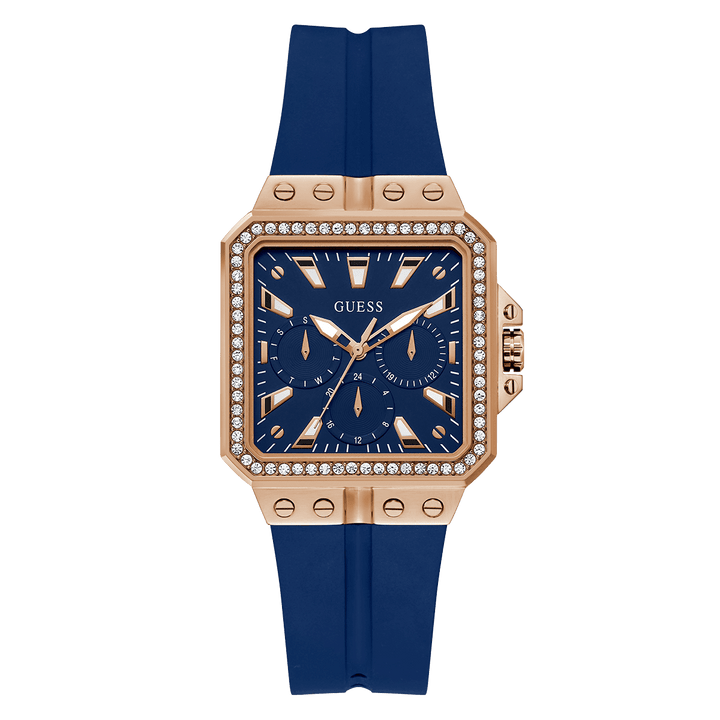 GUESS Ladies Blue Rose Gold Tone Multi-Function Watch