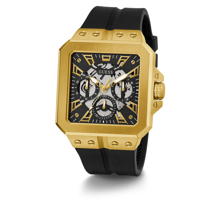 GUESS Mens Black Gold Tone Multi-Function Watch