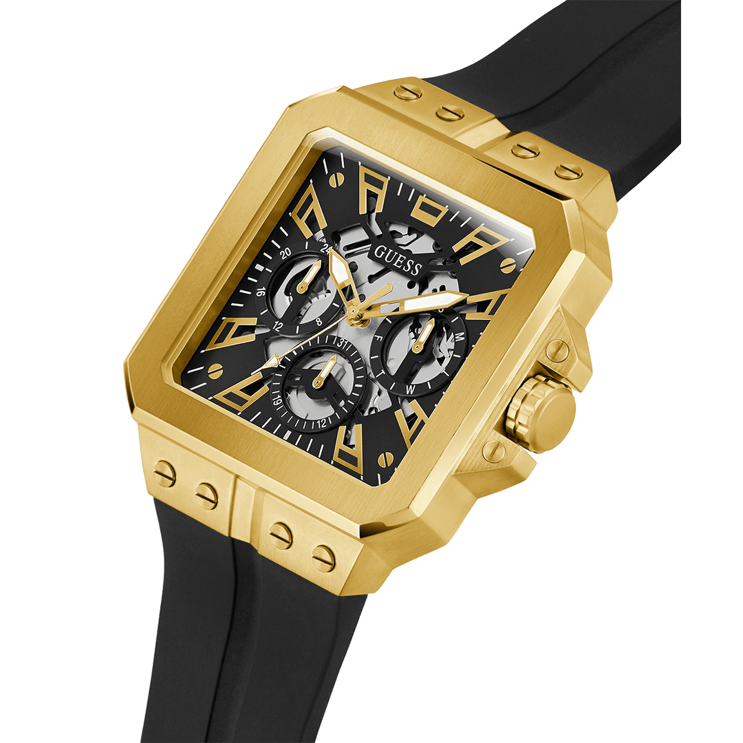 GUESS Mens Black Gold Tone Multi-Function Watch