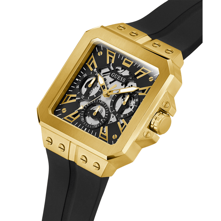 GUESS Mens Black Gold Tone Multi-Function Watch