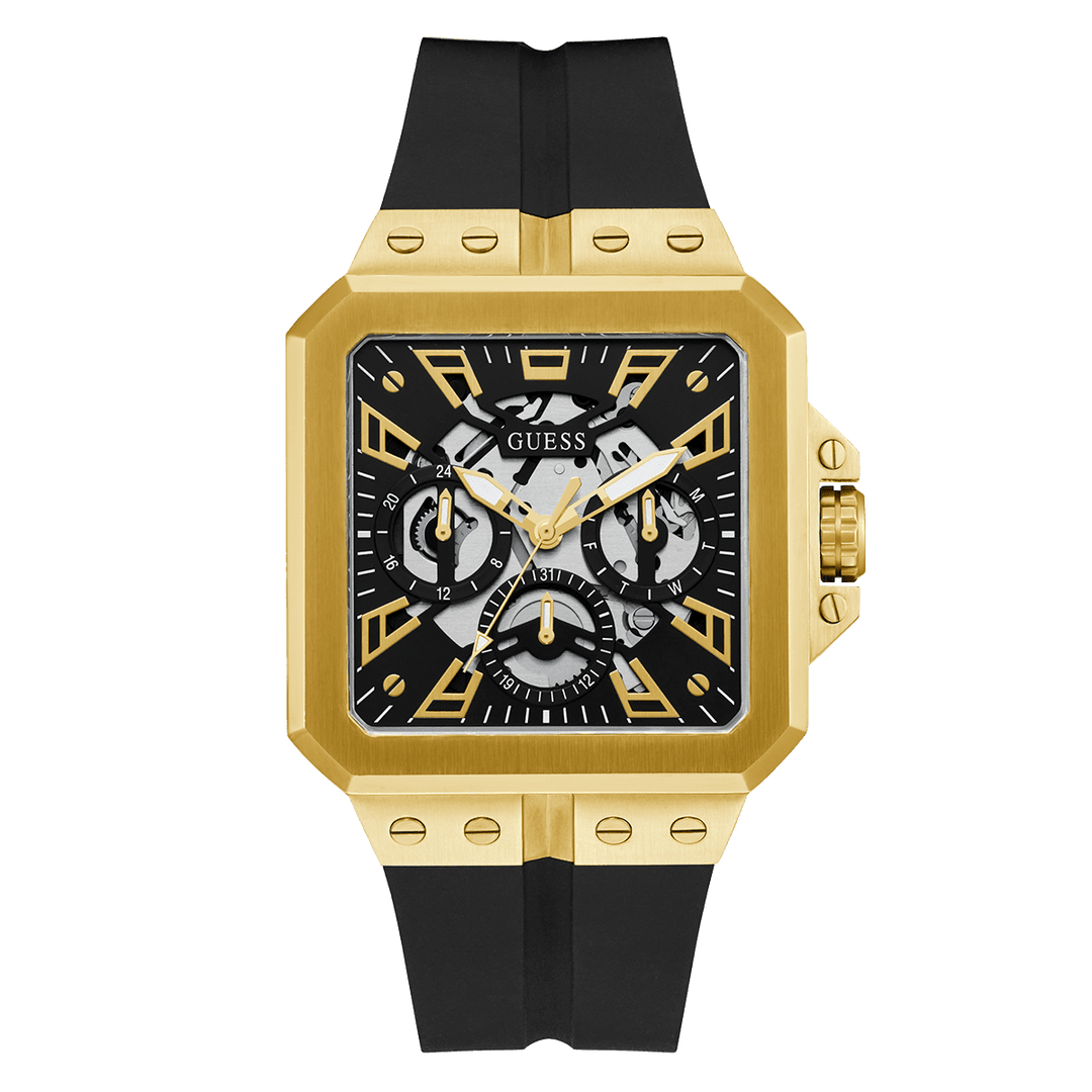 GUESS Mens Black Gold Tone Multi-Function Watch