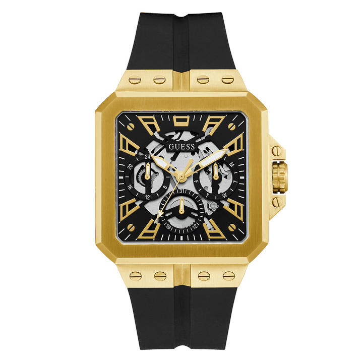 GUESS Mens Black Gold Tone Multi-Function Watch