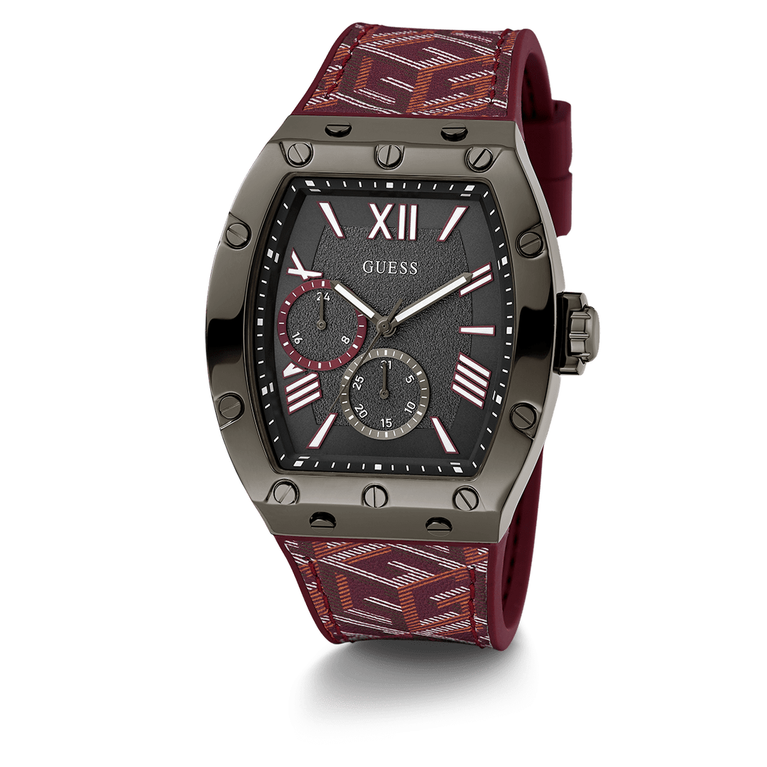 GUESS Mens Red Gunmetal Multi-Function Watch