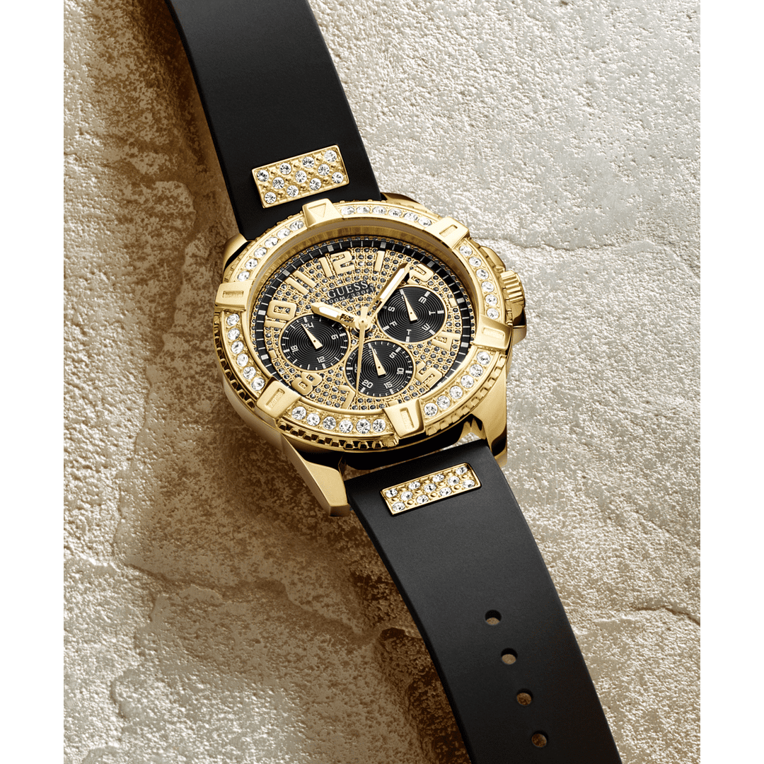GUESS Mens Black Gold Tone Multi-Function Watch