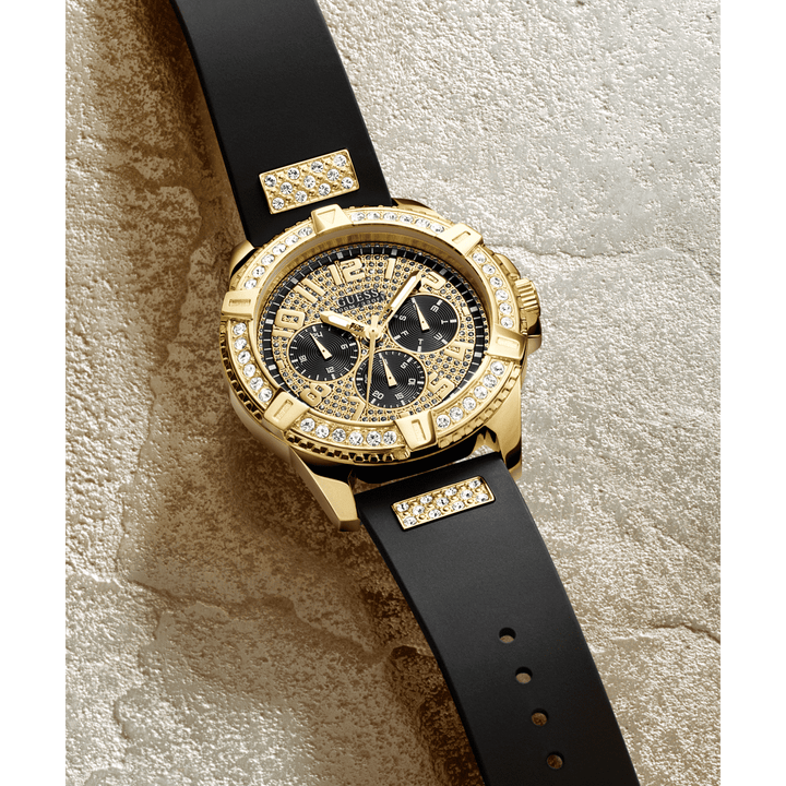 GUESS Mens Black Gold Tone Multi-Function Watch
