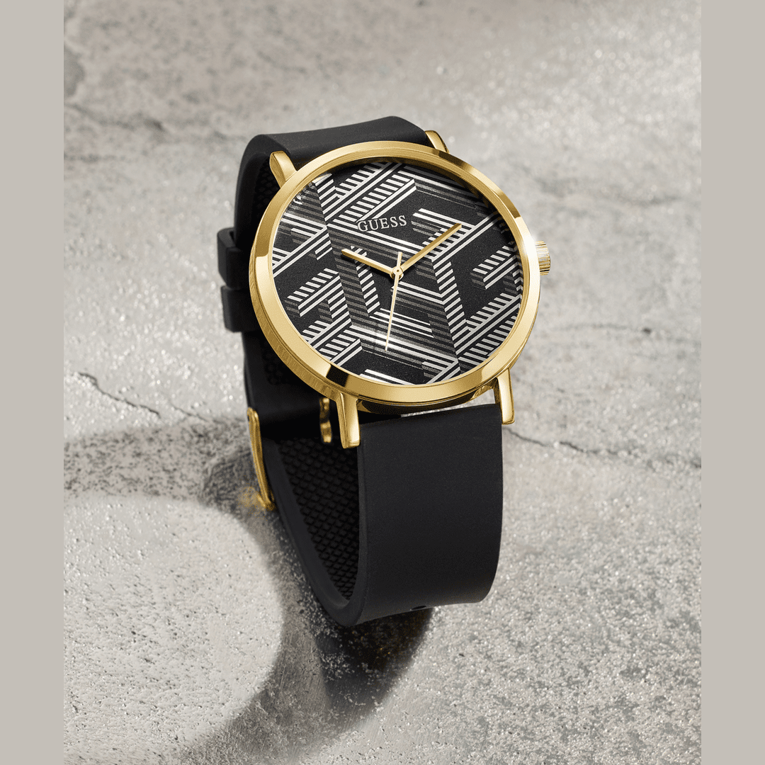 GUESS Mens Black Gold Tone Analog Watch