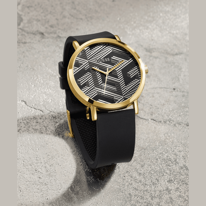 GUESS Mens Black Gold Tone Analog Watch
