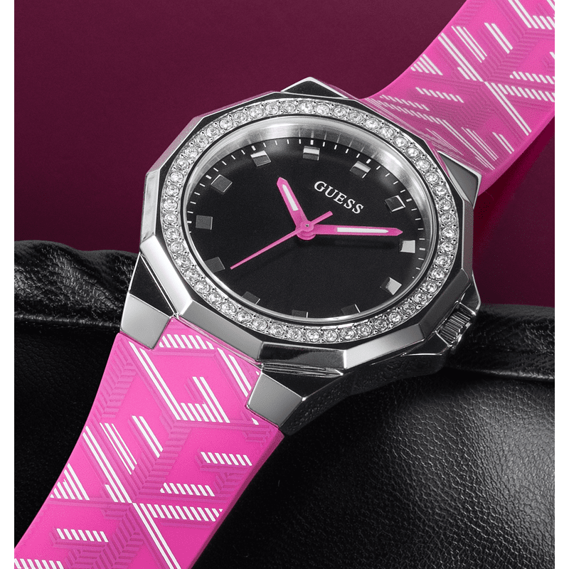 GUESS Ladies Pink Silver Tone Analog Watch