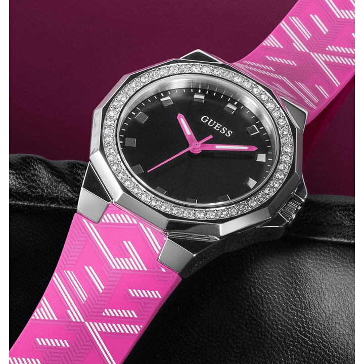 GUESS Ladies Pink Silver Tone Analog Watch