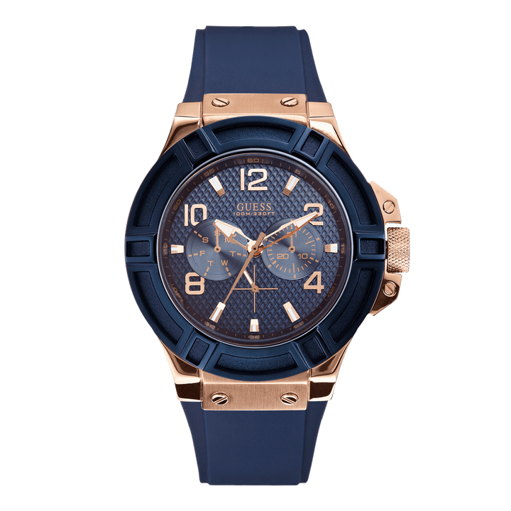 GUESS Mens Blue Rose Gold Tone Multi-Function Watch