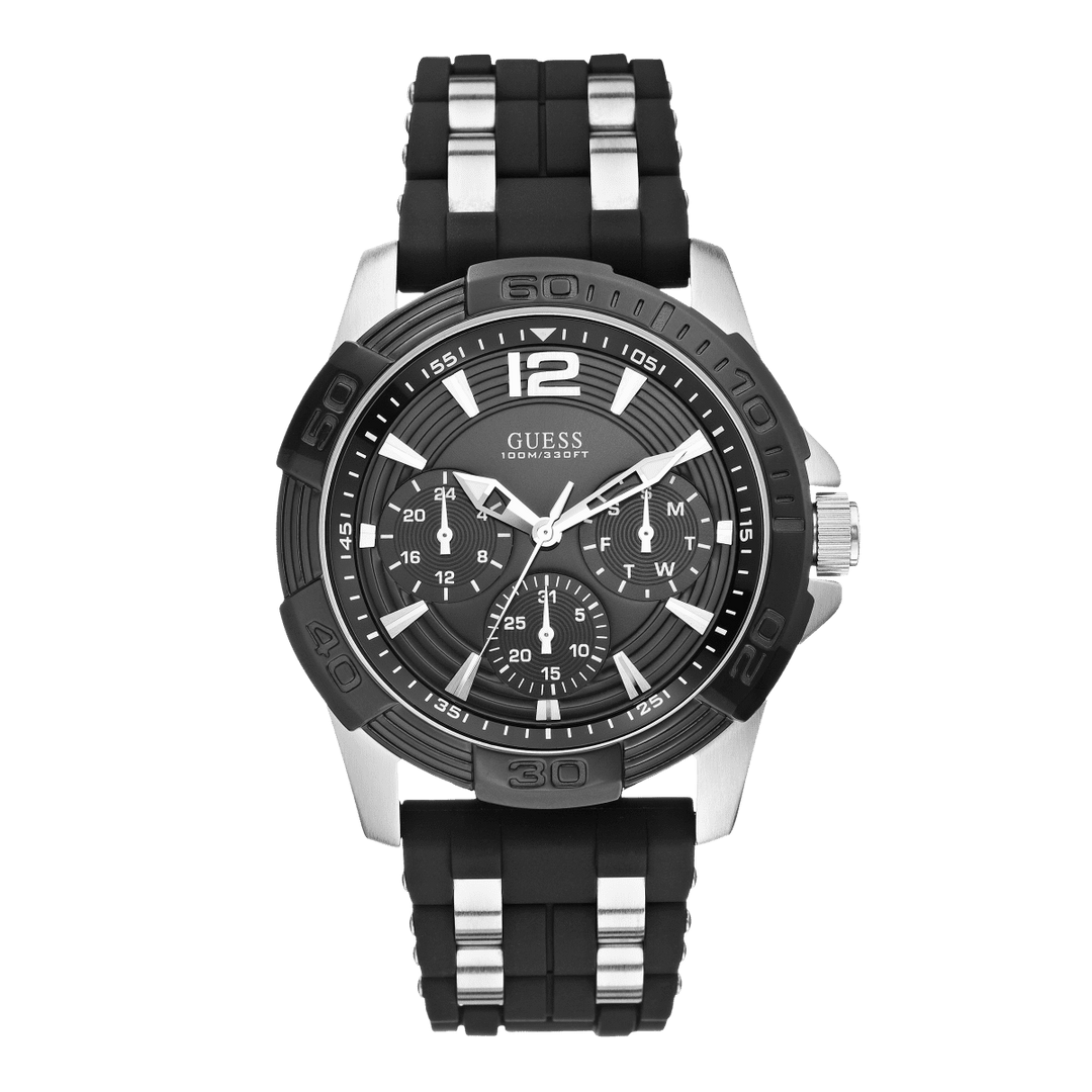 GUESS Mens Black Silver Tone Multi-Function Watch