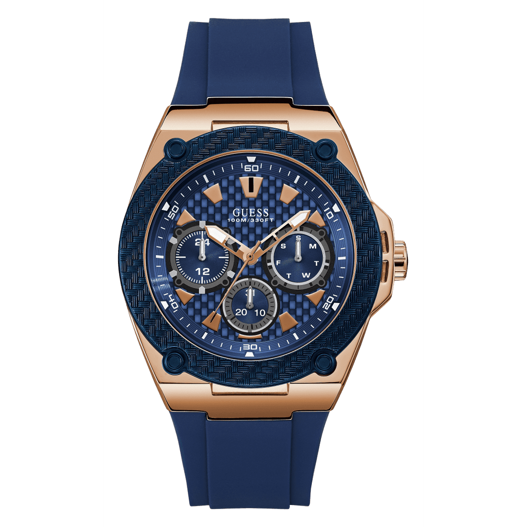GUESS Mens Blue Rose Gold Tone Multi-Function Watch