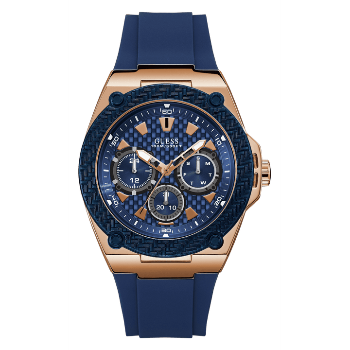 GUESS Mens Blue Rose Gold Tone Multi-Function Watch