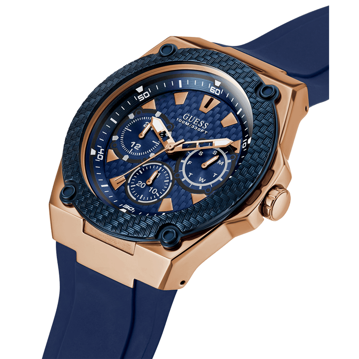 GUESS Mens Blue Rose Gold Tone Multi-Function Watch