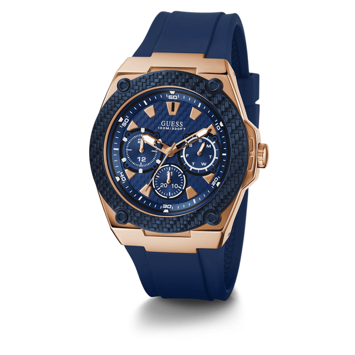 GUESS Mens Blue Rose Gold Tone Multi-Function Watch