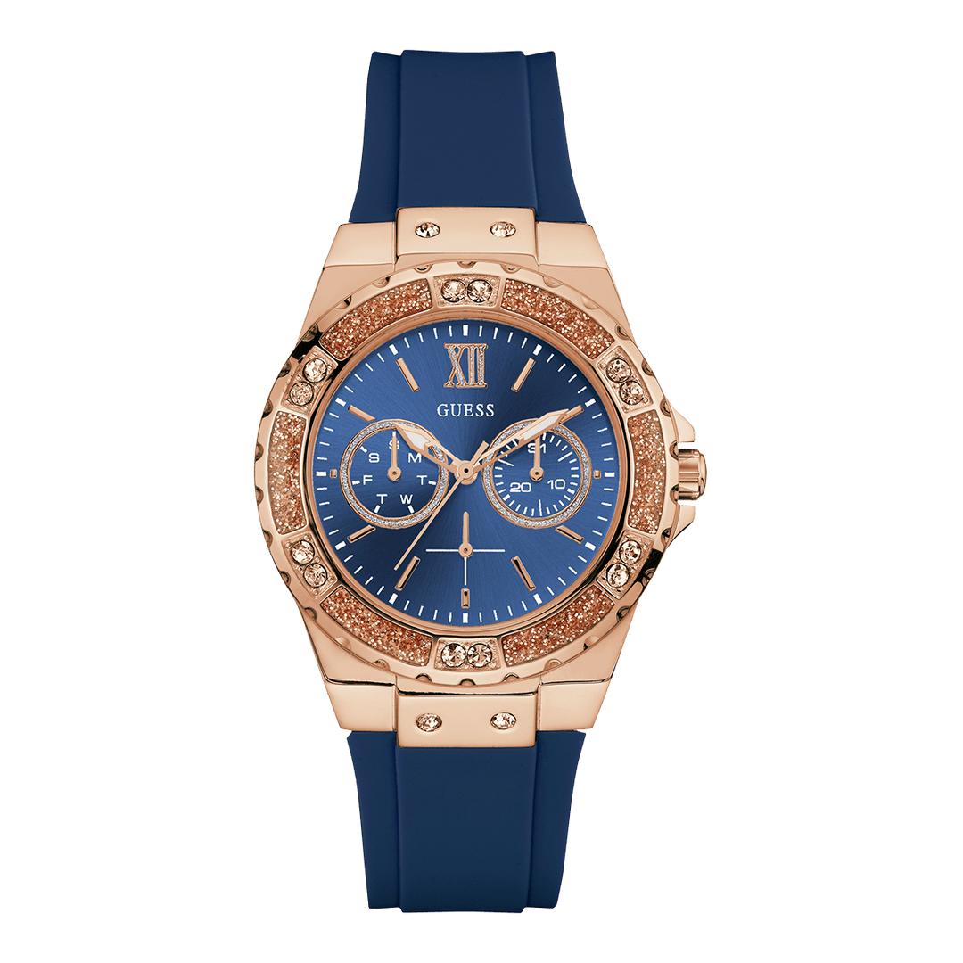 GUESS Ladies Blue Rose Gold Tone Multi-Function Watch