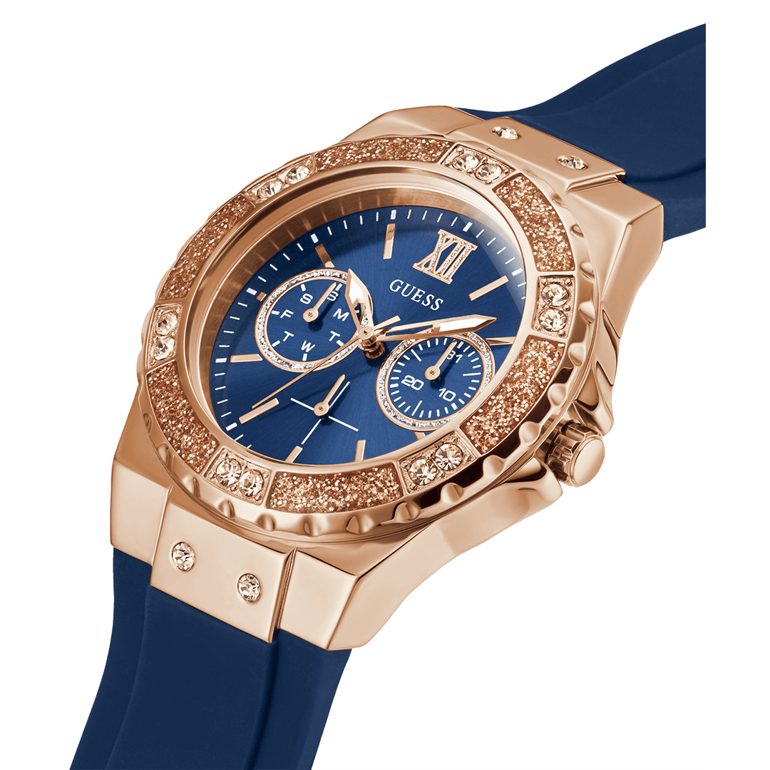GUESS Ladies Blue Rose Gold Tone Multi-Function Watch
