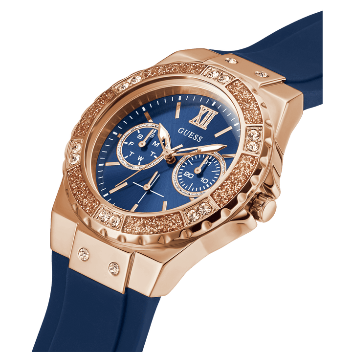 GUESS Ladies Blue Rose Gold Tone Multi-Function Watch