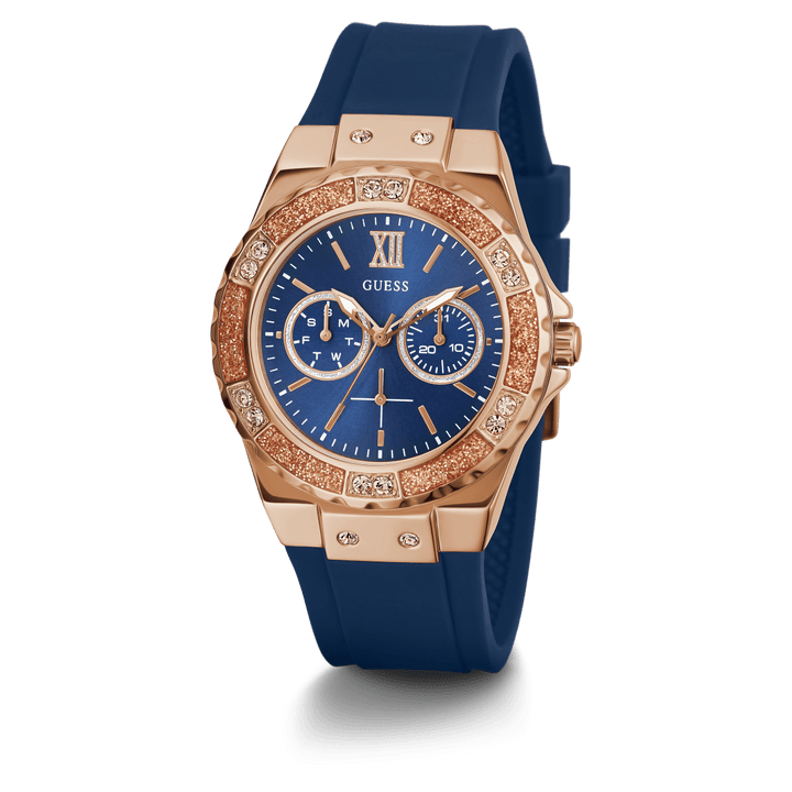 GUESS Ladies Blue Rose Gold Tone Multi-Function Watch